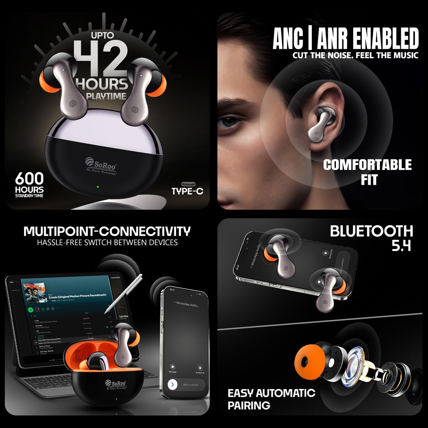 TWS Bluetooth Earbuds | 42 Hours Playtime, ANC Noise Cancellation & BT 5.4 Soroo VIBE PODS