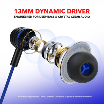 Wired Earphones with Mic | Soroo YO-A37 13mm Dynamic Driver AUX Earphones – Blue