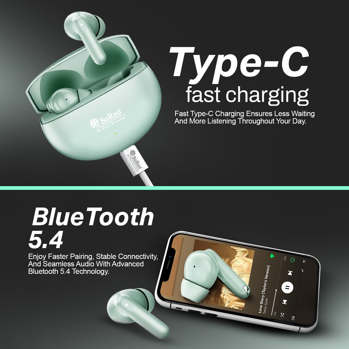 True Wireless Earbuds 42H Playtime ANC ANR Bluetooth 5.4 Type-C Fast Charging Soroo Buds 30