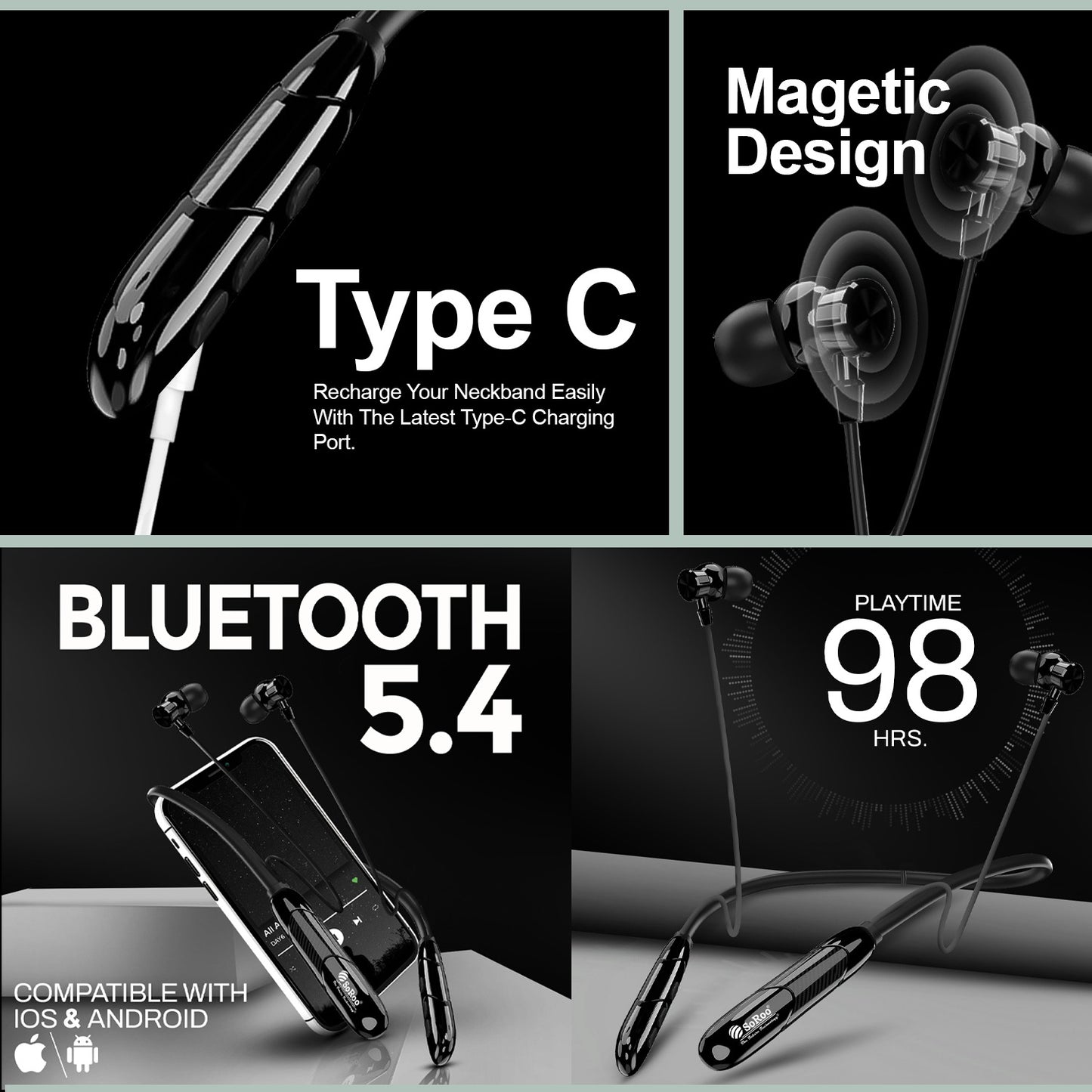 Neckband | 98H Playtime Bluetooth Neckband with Deep Bass & Magnetic Design – Soroo SR-INECK53