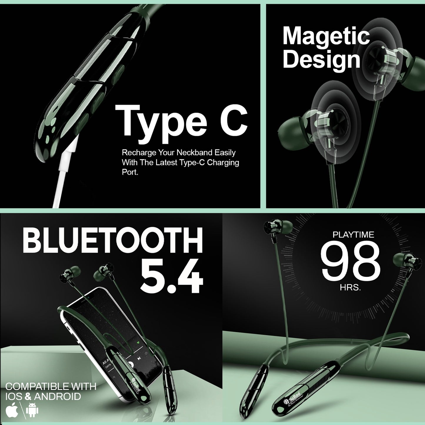 Neckband | 98H Playtime Bluetooth Neckband with Deep Bass & Magnetic Design – Soroo SR-INECK53