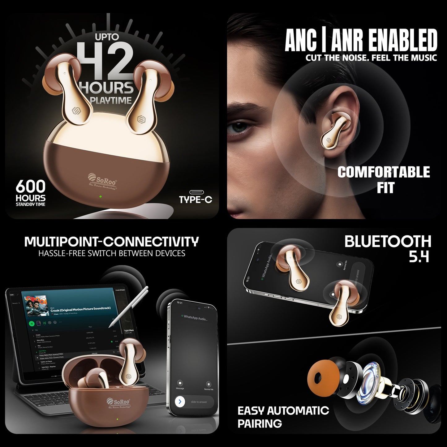 TWS Bluetooth Earbuds | 42 Hours Playtime, ANC Noise Cancellation & BT 5.4 Soroo VIBE PODS