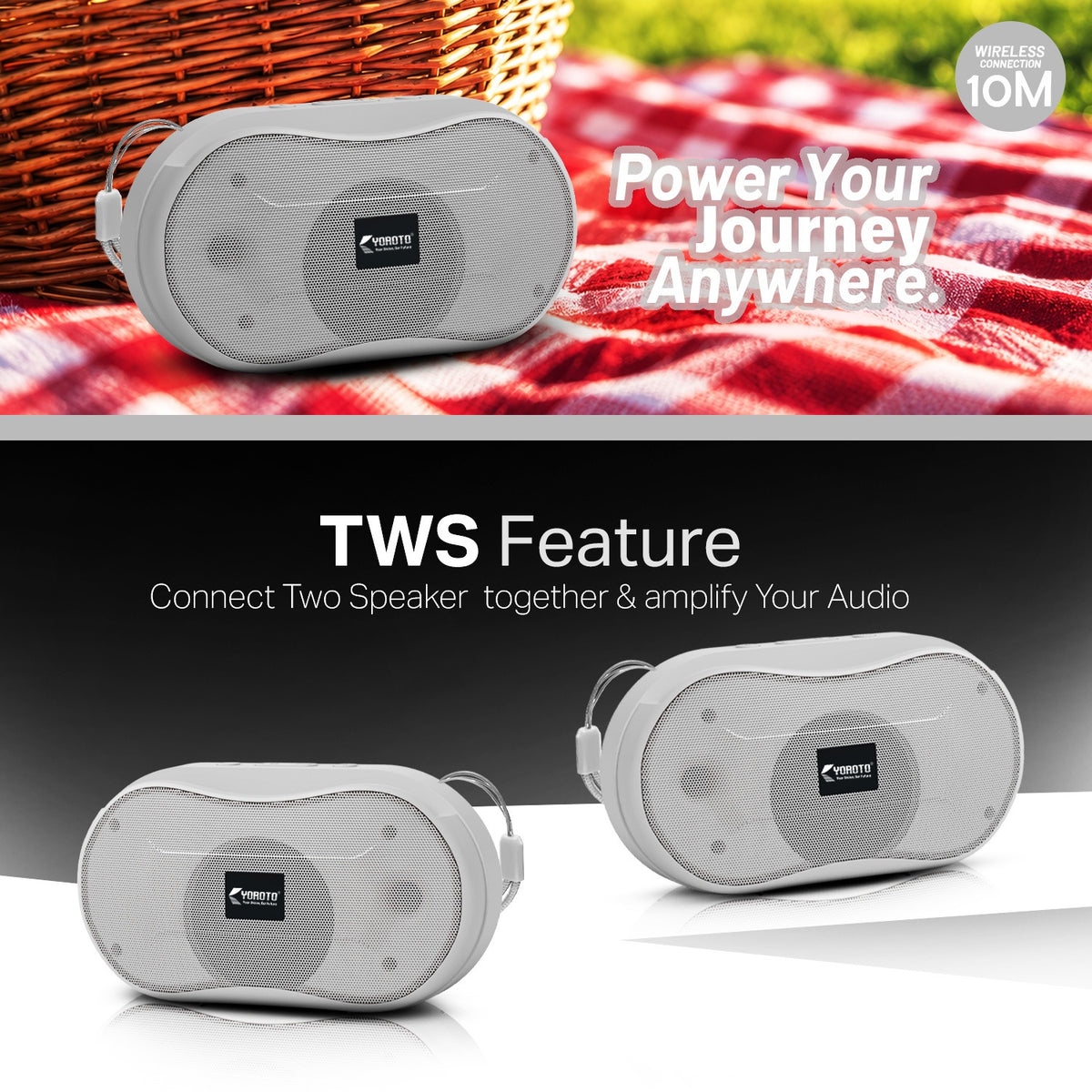 10W Wireless Bluetooth Portable Speaker | Up to 3 Hours Playback, YOROTO Signature Sound & TWS | Yoroto YO-389 – Yellow/Sky Blue/Orange/Grey/Black