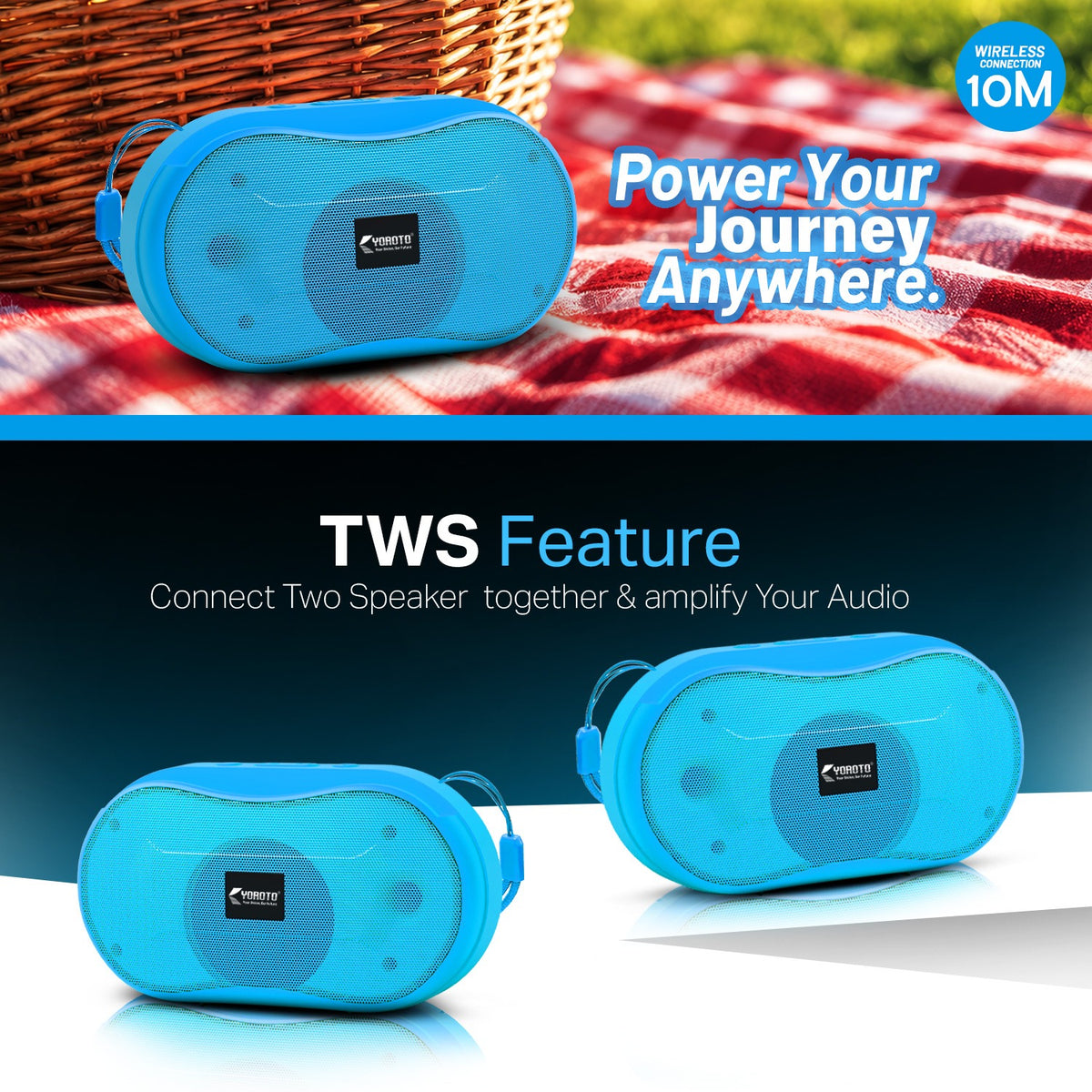 10W Wireless Bluetooth Portable Speaker | Up to 3 Hours Playback, YOROTO Signature Sound & TWS | Yoroto YO-389 – Yellow/Sky Blue/Orange/Grey/Black