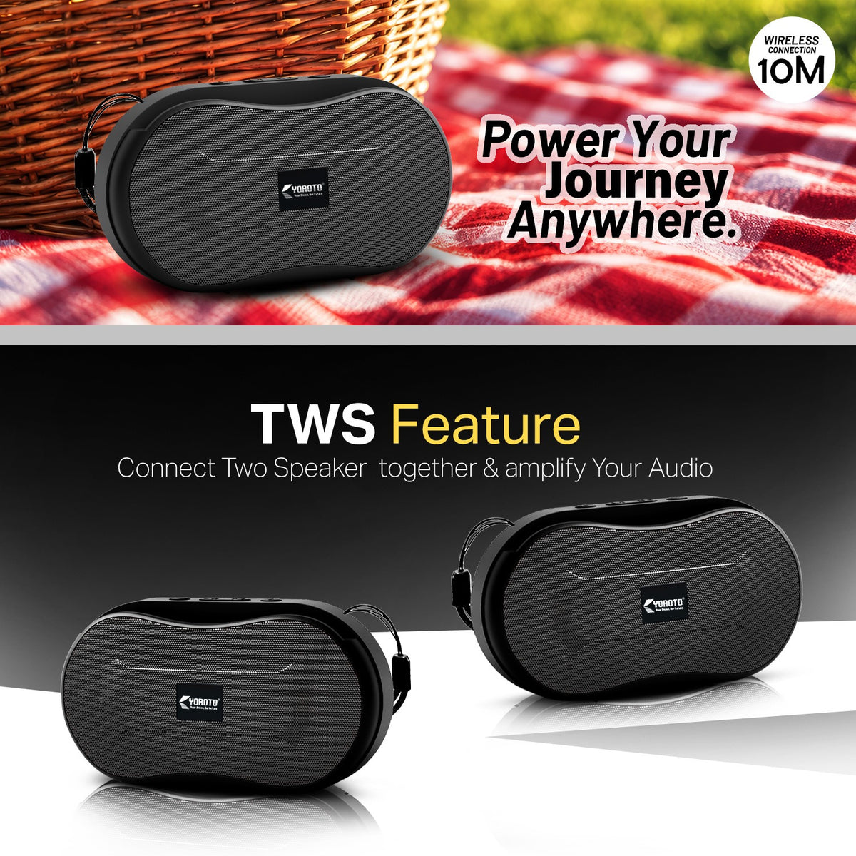 10W Wireless Bluetooth Portable Speaker | Up to 3 Hours Playback, YOROTO Signature Sound & TWS | Yoroto YO-389 – Yellow/Sky Blue/Orange/Grey/Black