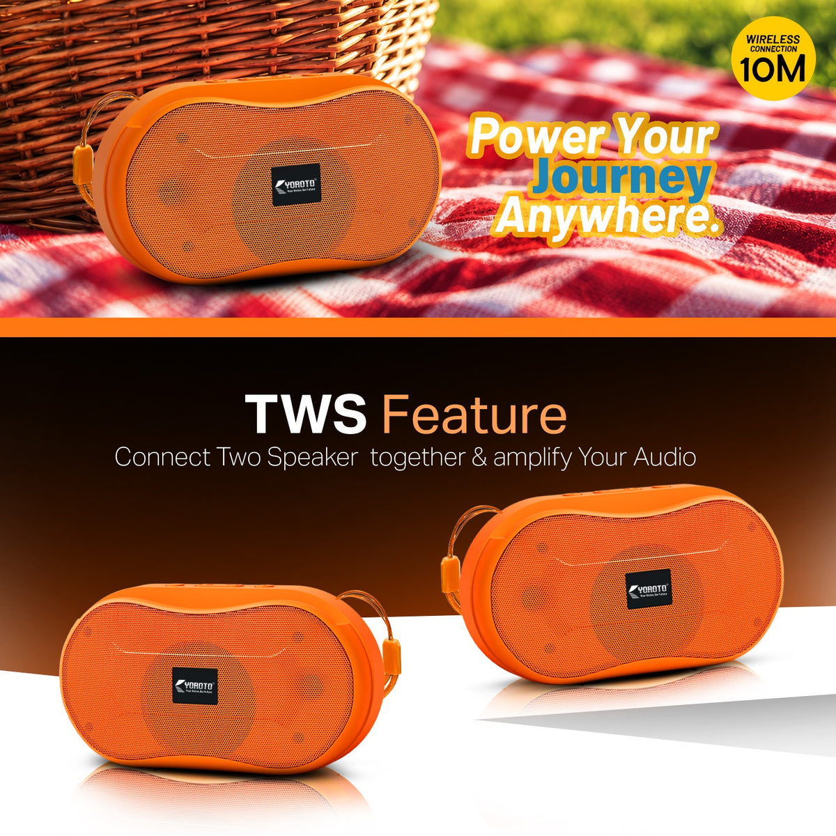 10W Wireless Bluetooth Portable Speaker | Up to 3 Hours Playback, YOROTO Signature Sound & TWS | Yoroto YO-389 – Yellow/Sky Blue/Orange/Grey/Black