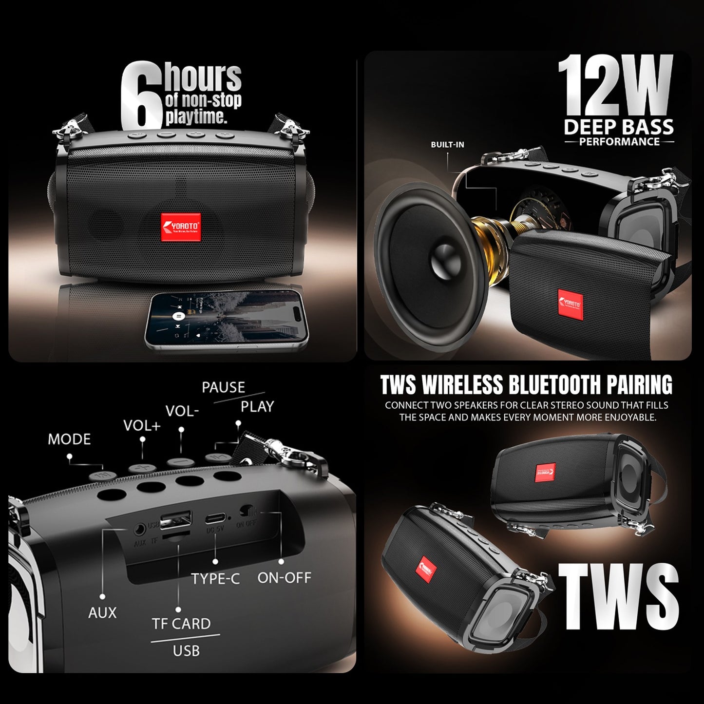 Wireless Bluetooth Speaker 12W Deep Bass Portable Party Speaker YOROTO Beat Box-1