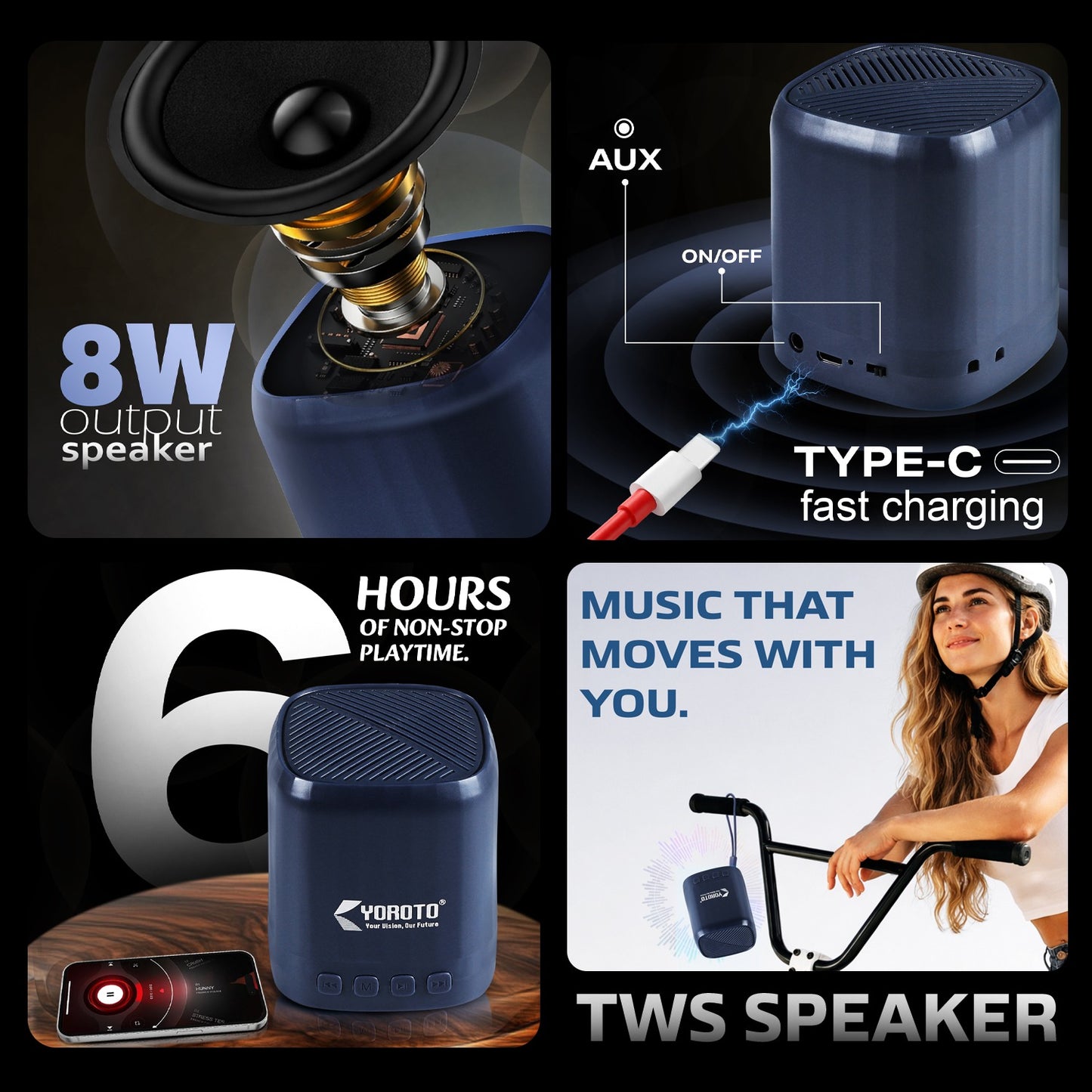 Wireless Bluetooth Speaker 8W Thunder Bass 6H Playtime Black YOROTO YO-366 BTL