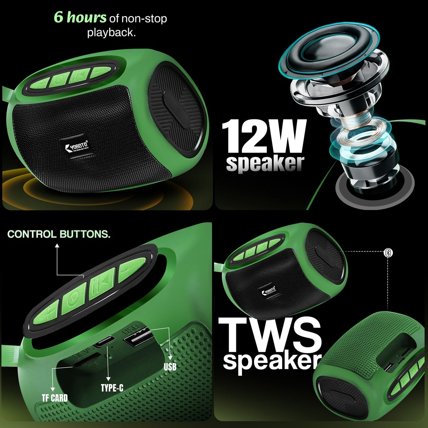 Wireless Bluetooth Speaker 12W TWS 6H Playback USB TF Card YOROTO YO-373-BT