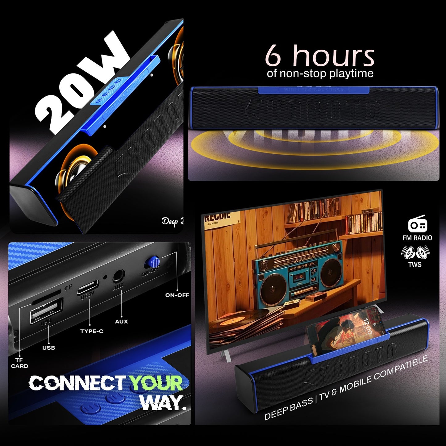 Wireless Bluetooth Soundbar 20W RGB Light Punchy Bass Speaker Blue Black YOROTO YO-413BTL