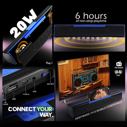 Wireless Bluetooth Soundbar 20W RGB Light Punchy Bass Speaker Blue Black YOROTO YO-413BTL