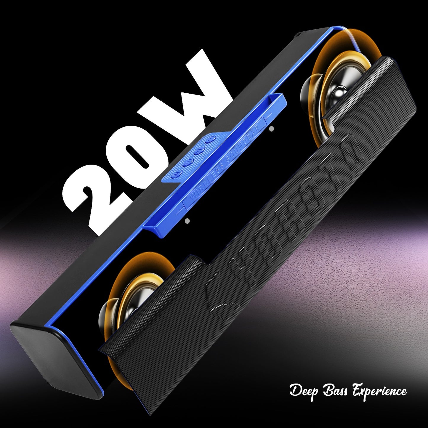 Wireless Bluetooth Soundbar 20W RGB Light Punchy Bass Speaker Blue Black YOROTO YO-413BTL