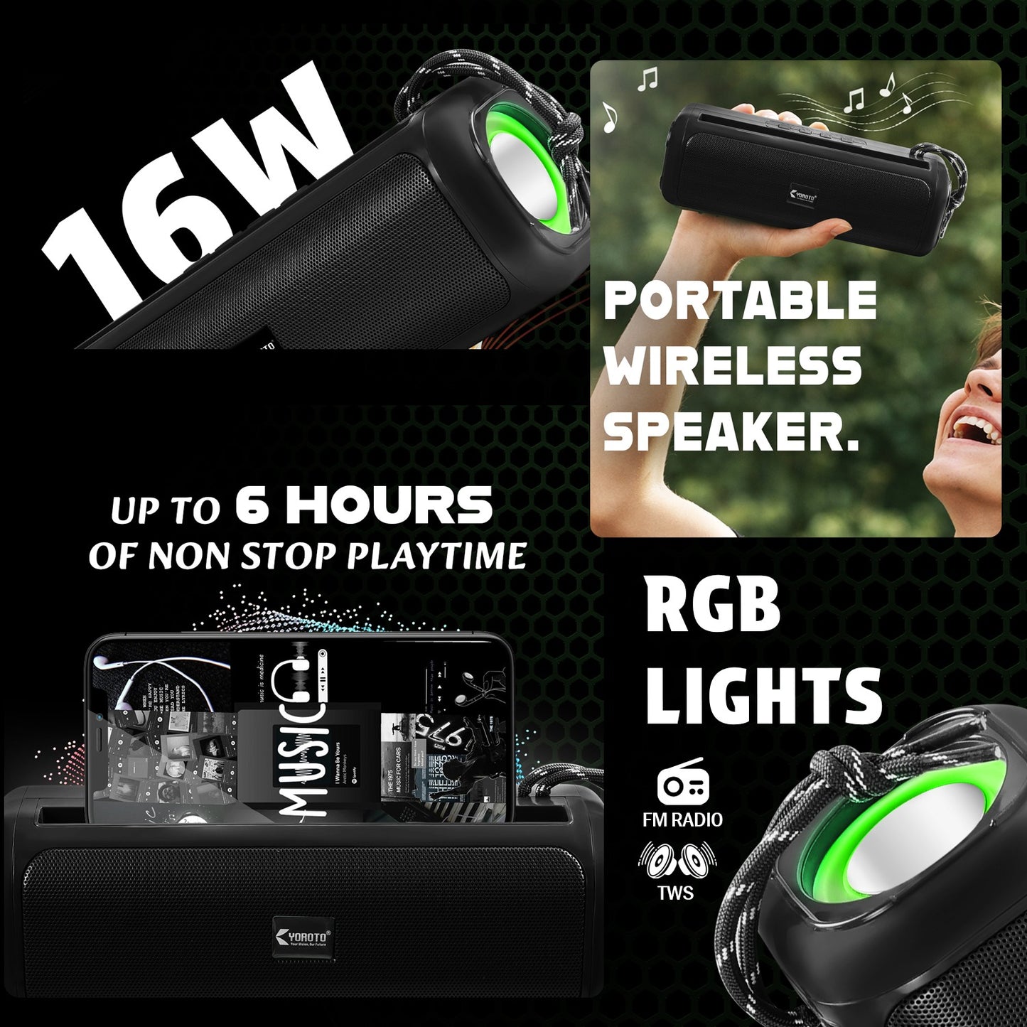 Wireless Boombox Bluetooth Speaker 16W RGB Effects Extra Bass Boost Black YOROTO YO-430-BTL