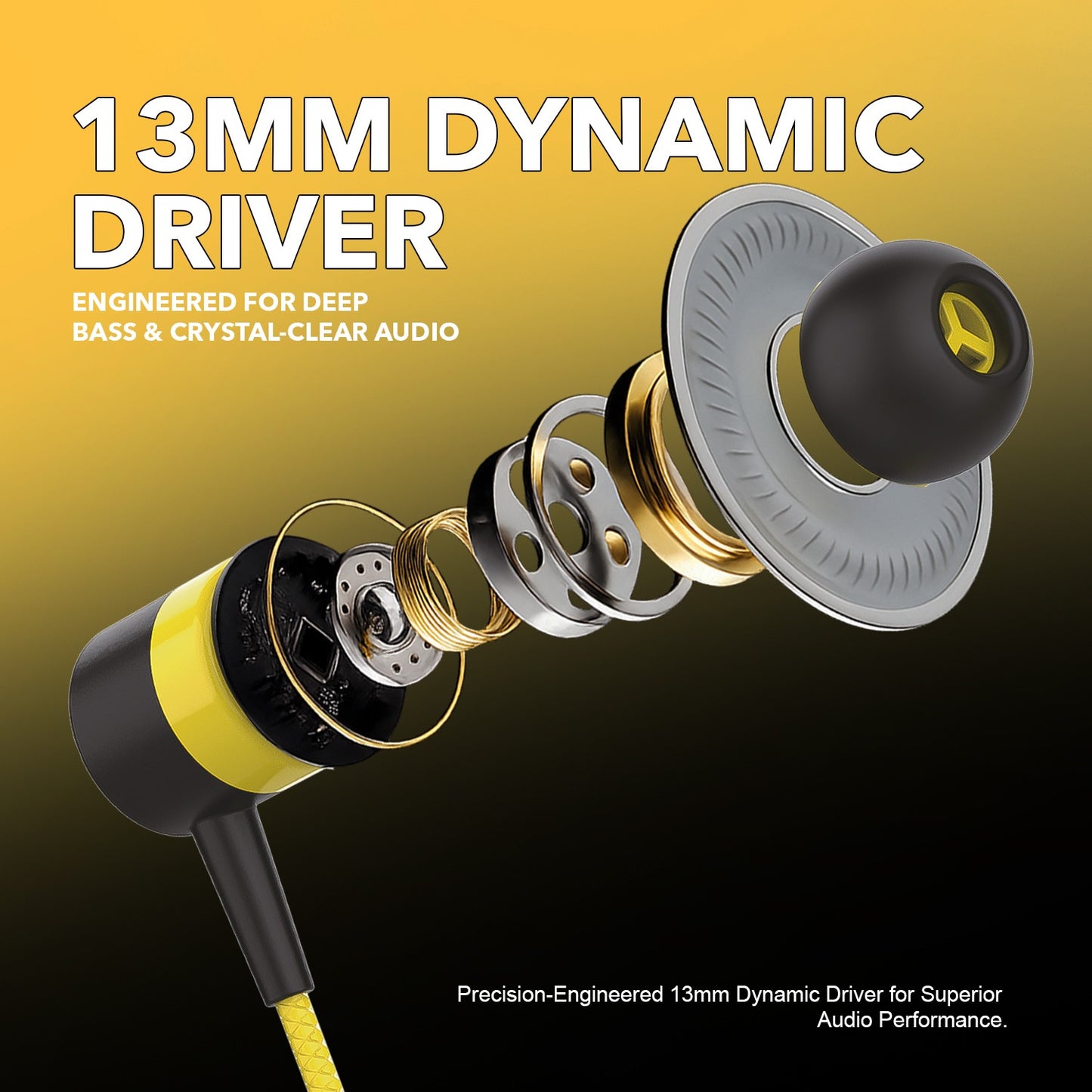 Wired Earphones with Mic | YOROTO YO-A22 13mm Dynamic Driver AUX Earphones – Yellow