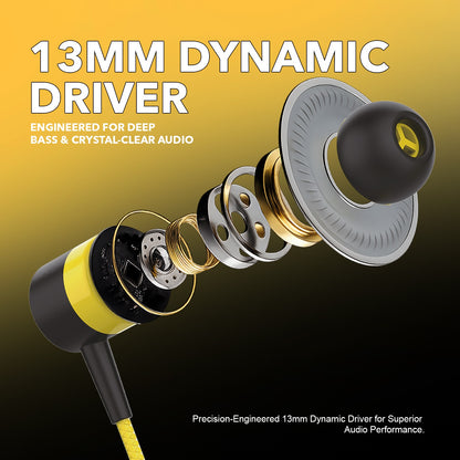 Wired Earphones with Mic | YOROTO YO-A22 13mm Dynamic Driver AUX Earphones – Yellow