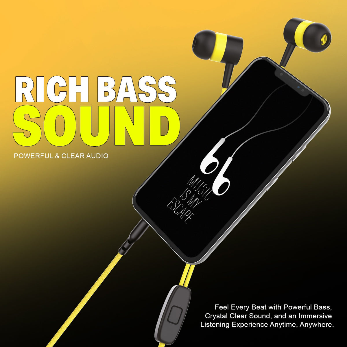 Wired Earphones with Mic | YOROTO YO-A22 13mm Dynamic Driver AUX Earphones – Yellow