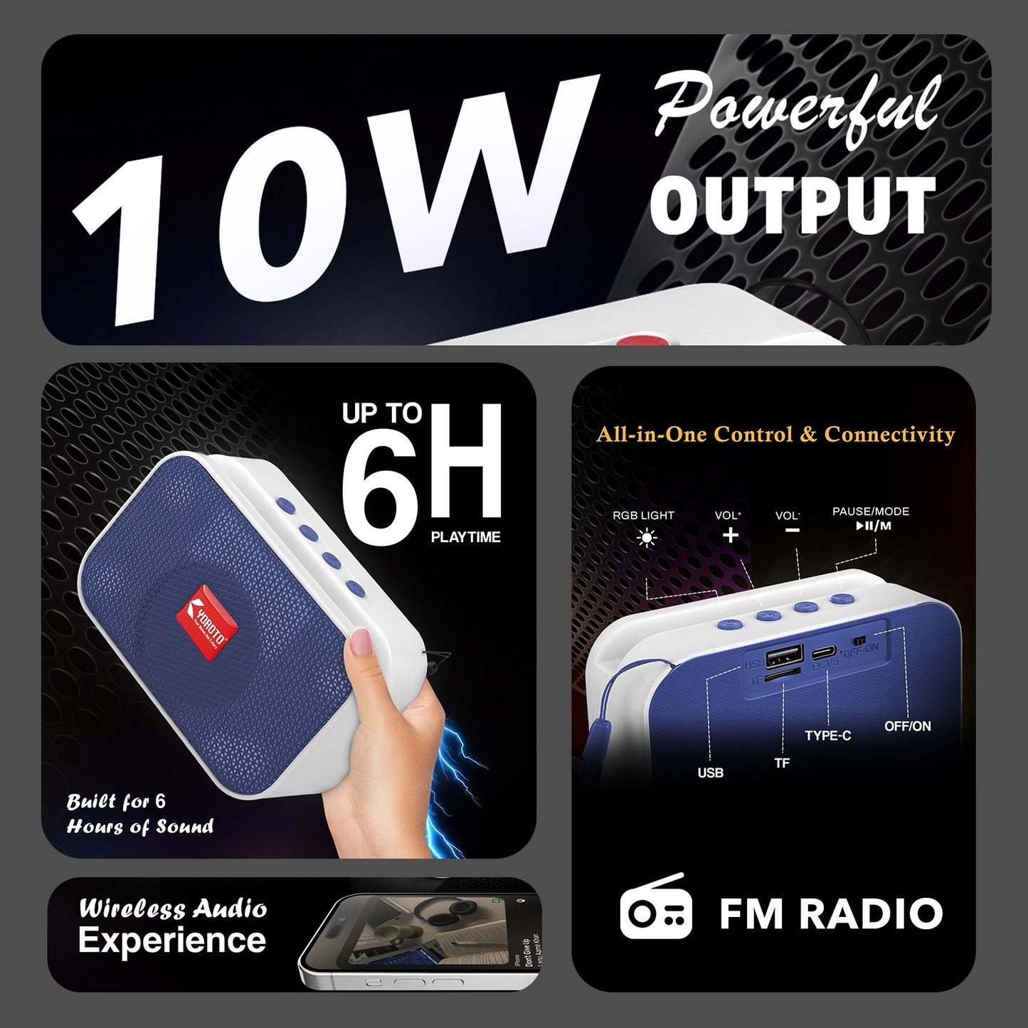 Bluetooth Speaker 10W High Bass YOROTO Portable Thunder Sound Blue Stereo Speaker A011