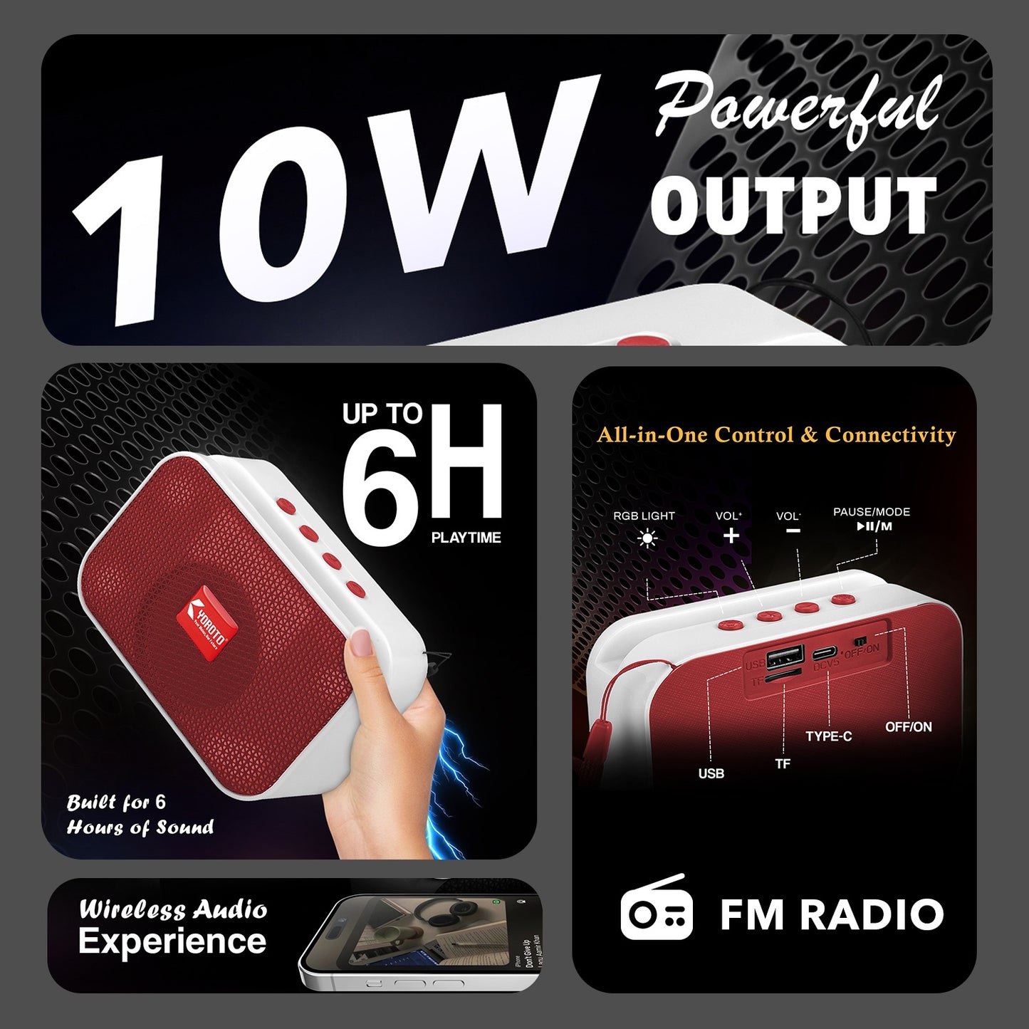 Bluetooth Speaker 10W High Bass YOROTO Portable Thunder Sound Blue Stereo Speaker A011