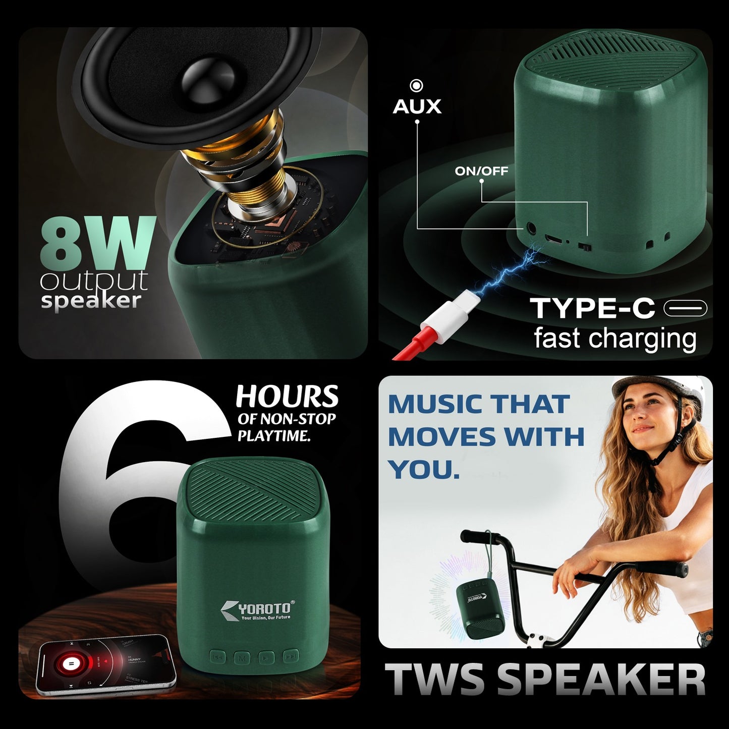 Wireless Bluetooth Speaker 8W Thunder Bass 6H Playtime Black YOROTO YO-366 BTL