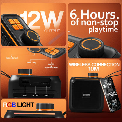 Wireless Bluetooth Speaker Thunder Bass TWS Black Orange YOROTO YO-374-BT 12W