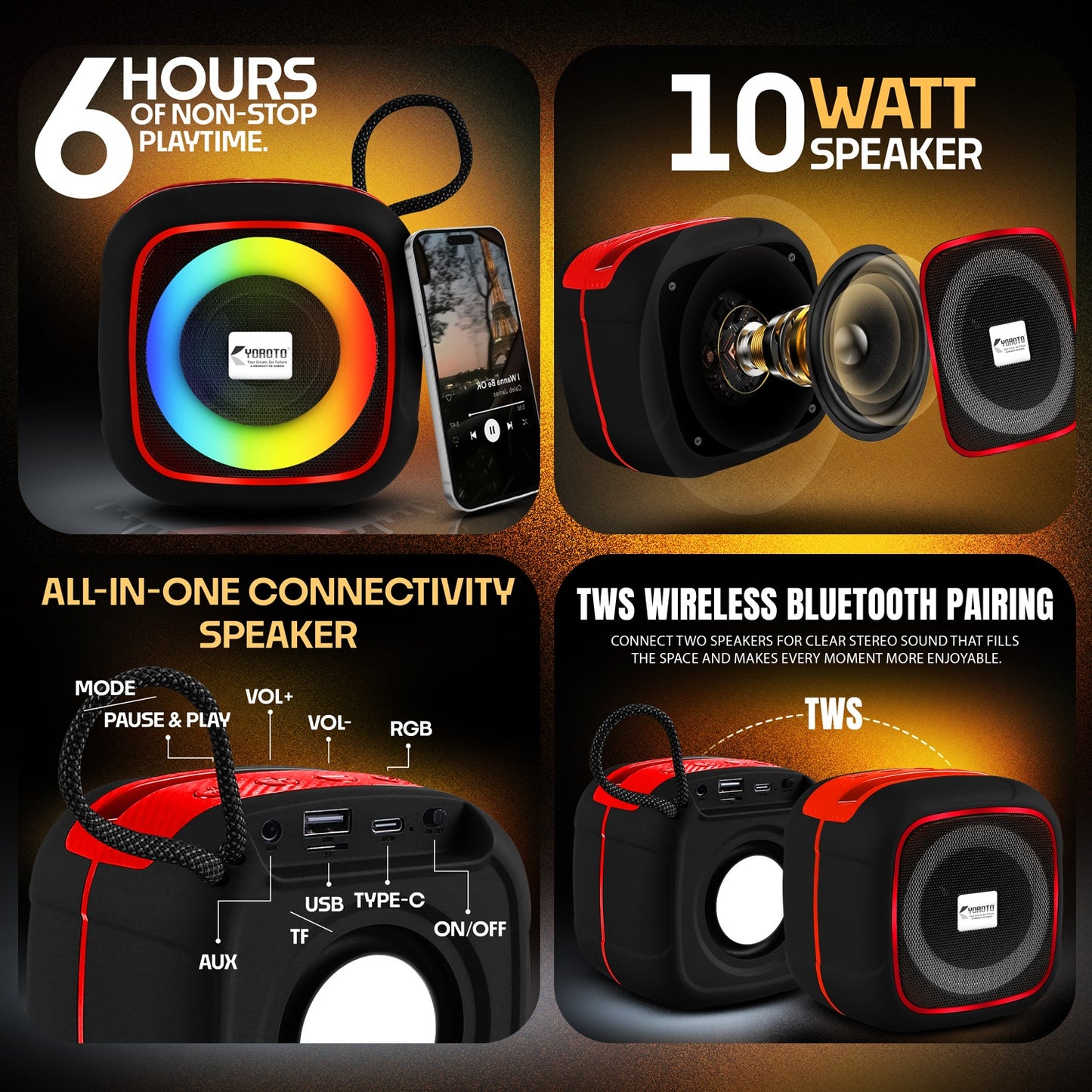 Wireless Speaker 10W RGB Thunder Bass TWS Bluetooth Speaker YO-375-BTL Black Red YOROTO