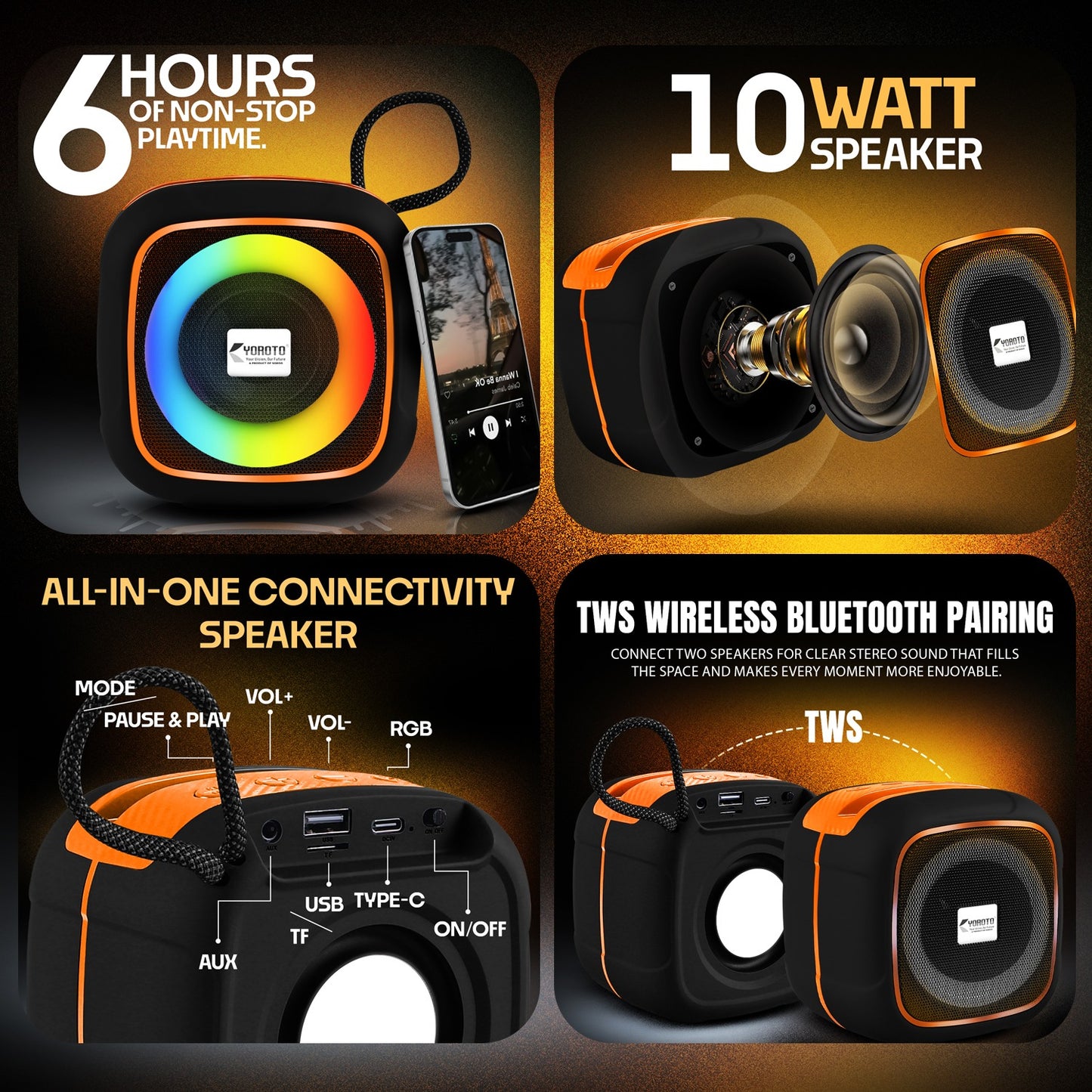 Wireless Speaker 10W RGB Thunder Bass TWS Bluetooth Speaker YO-375-BTL Black Red YOROTO