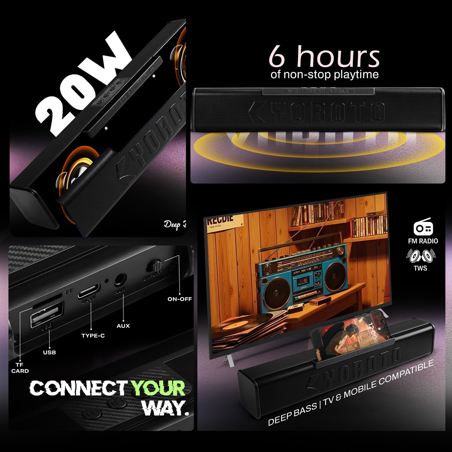 Wireless Bluetooth Soundbar 20W RGB Light Punchy Bass Speaker Blue Black YOROTO YO-413BTL