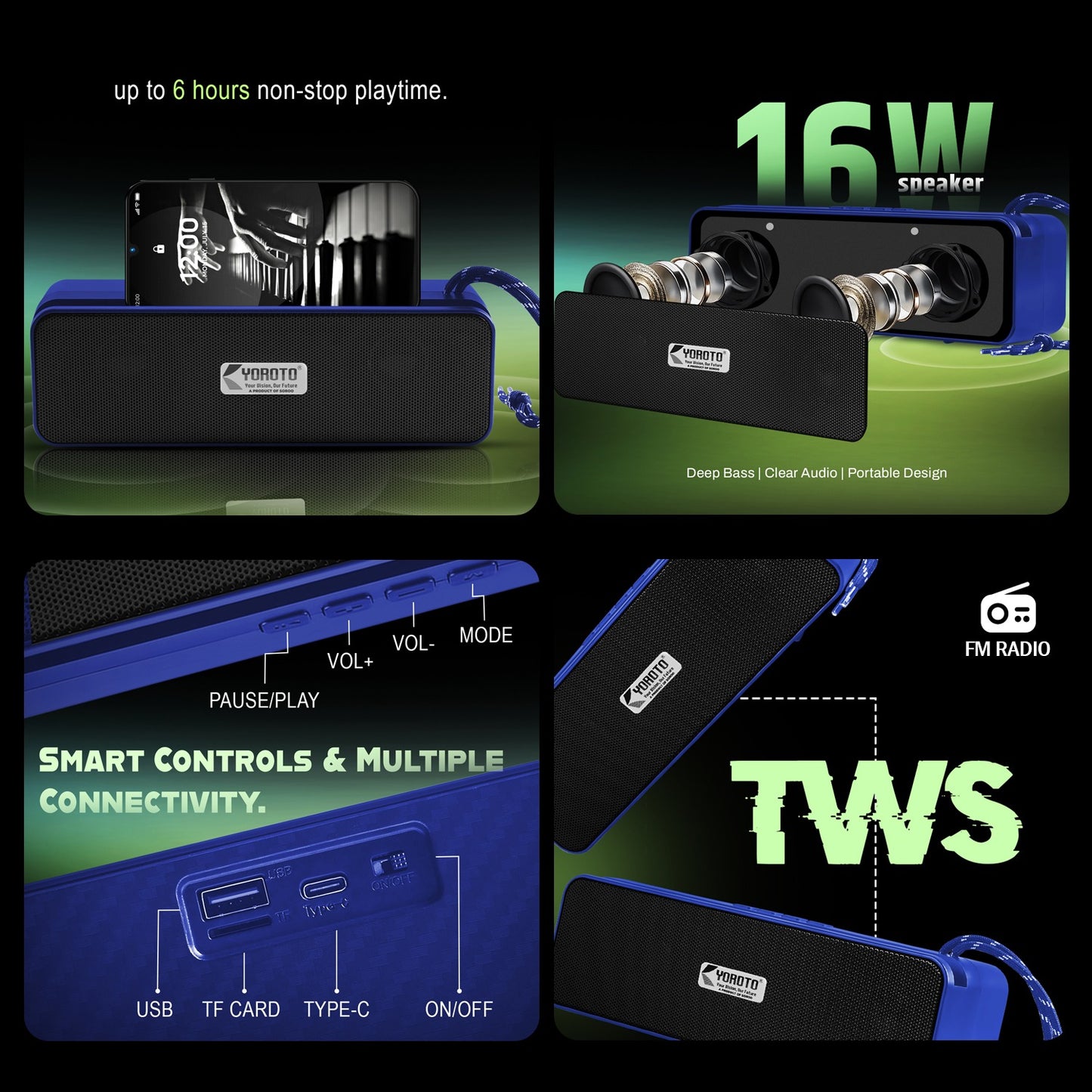 Wireless Bluetooth Speaker Deep Bass Portable Soundbar 16W Blue Black YOROTO YO-421BT