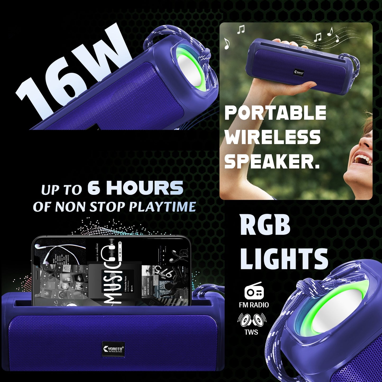 Wireless Boombox Bluetooth Speaker 16W RGB Effects Extra Bass Boost Black YOROTO YO-430-BTL