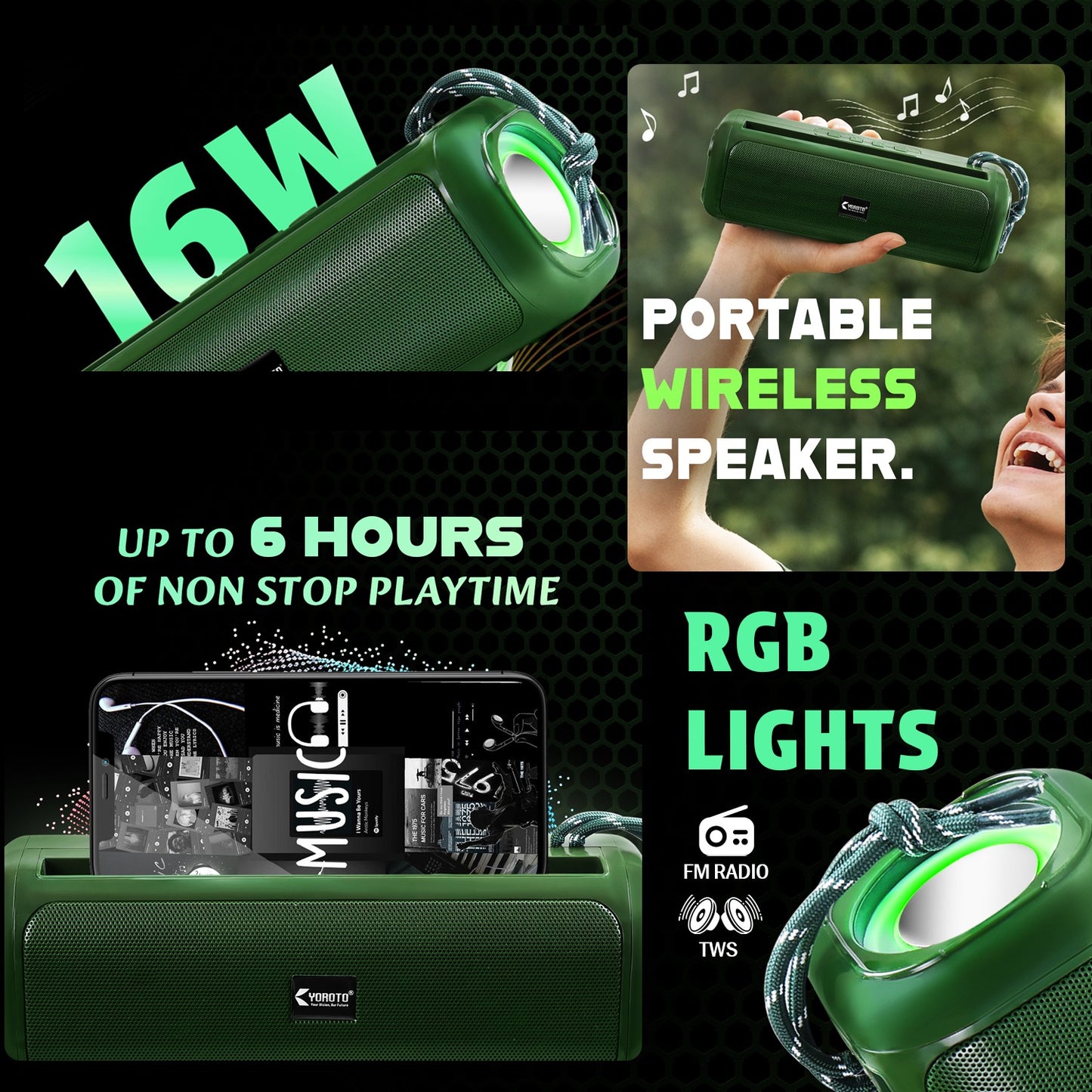 Wireless Boombox Bluetooth Speaker 16W RGB Effects Extra Bass Boost Black YOROTO YO-430-BTL