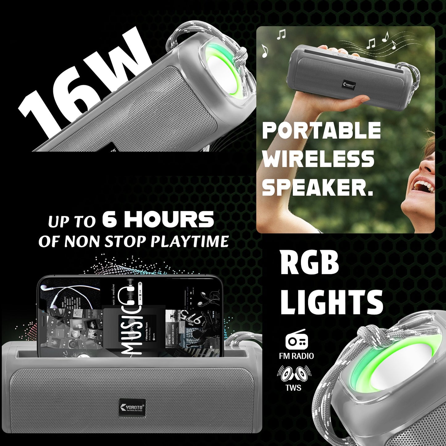 Wireless Boombox Bluetooth Speaker 16W RGB Effects Extra Bass Boost Black YOROTO YO-430-BTL