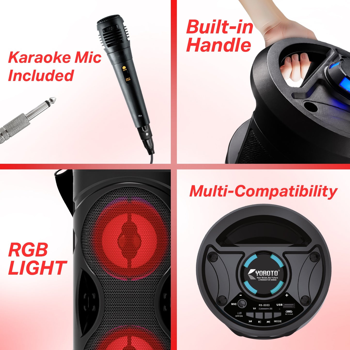 Wireless Bluetooth Speaker | 30W Sound, Karaoke Mic, RGB Light & TWS Yoroto YO-J-1