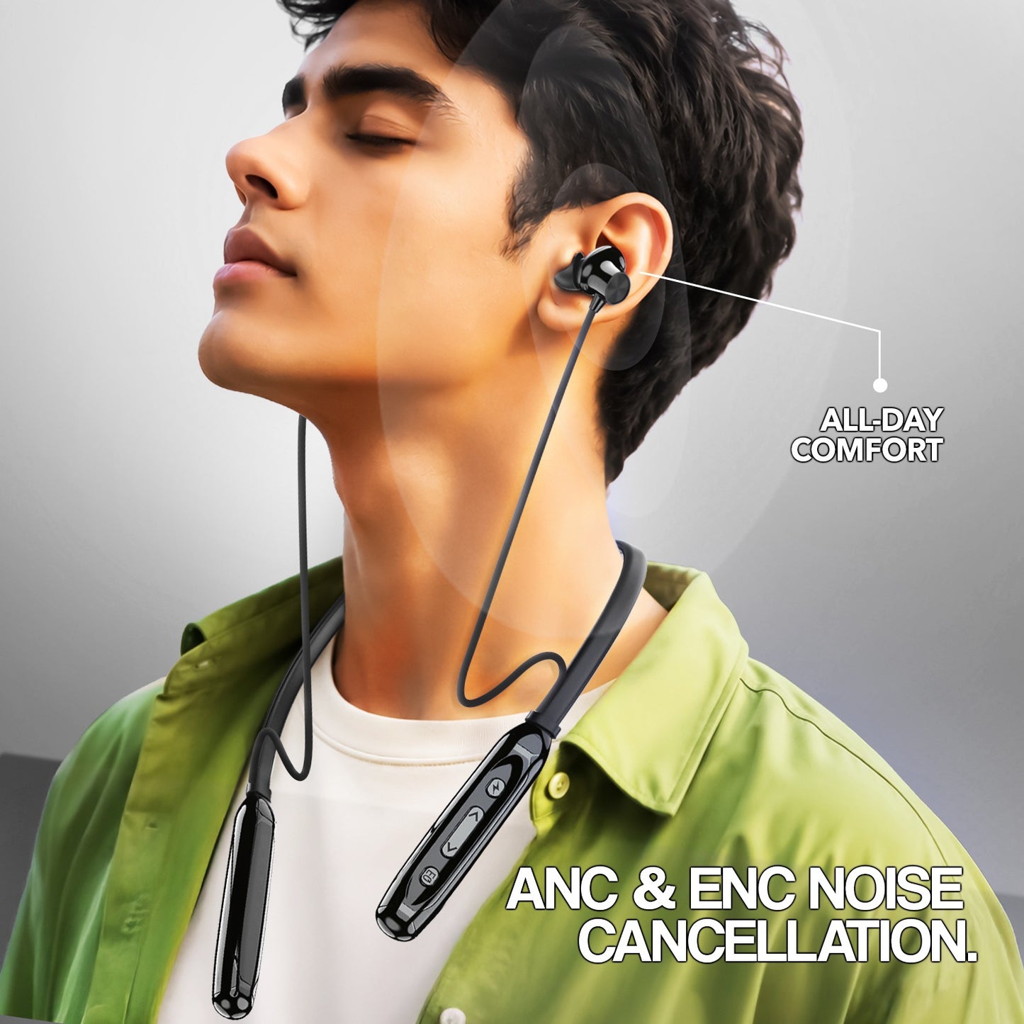 Wireless Neckband Earphones | 100 Hours Playtime, Bluetooth 5.4 & Type-C | Soroo SR-IBAND49 – Black/Green