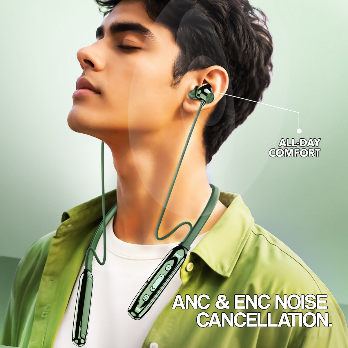 Wireless Neckband Earphones | 100 Hours Playtime, Bluetooth 5.4 & Type-C | Soroo SR-IBAND49 – Black/Green