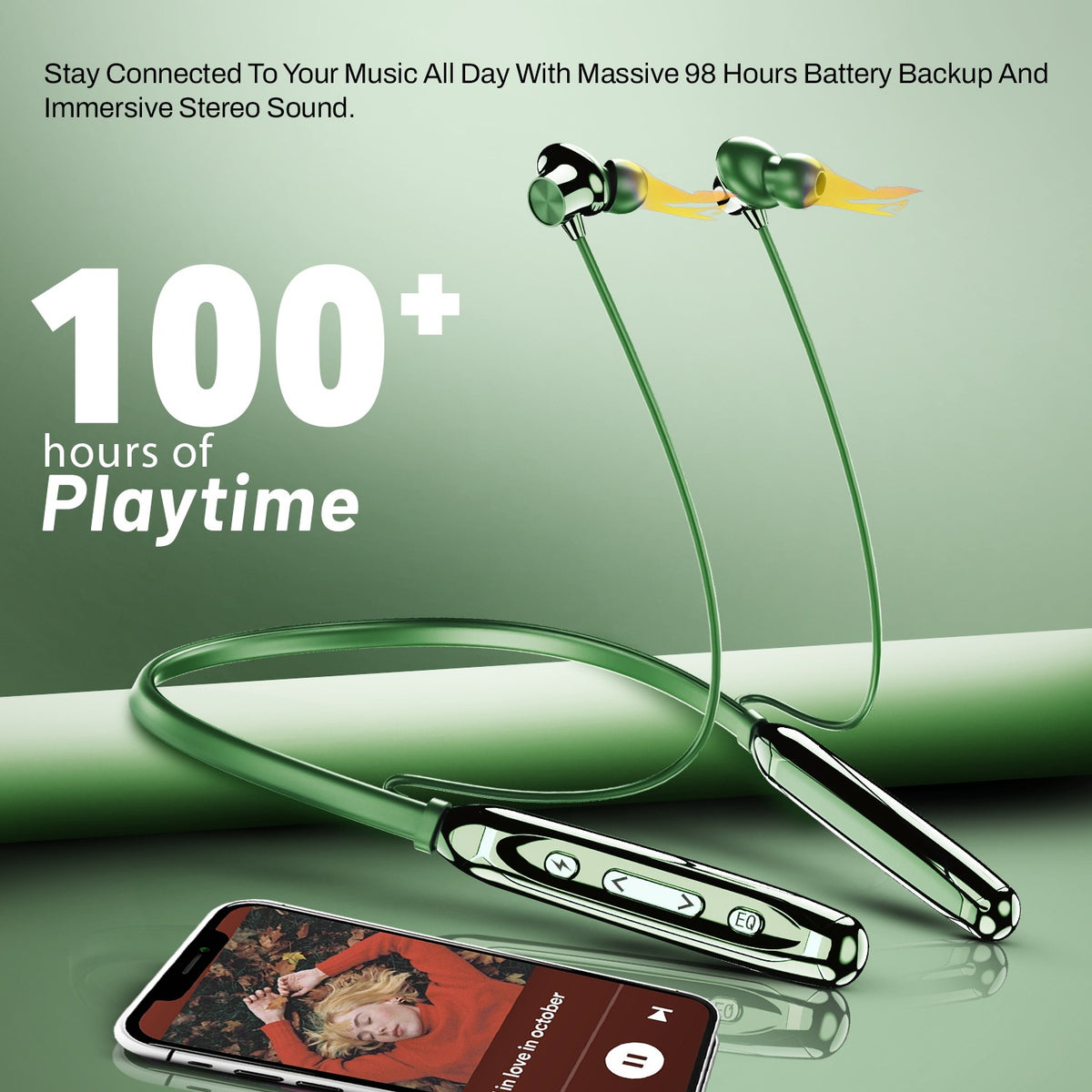 Wireless Neckband Earphones | 100 Hours Playtime, Bluetooth 5.4 & Type-C | Soroo SR-IBAND49 – Black/Green