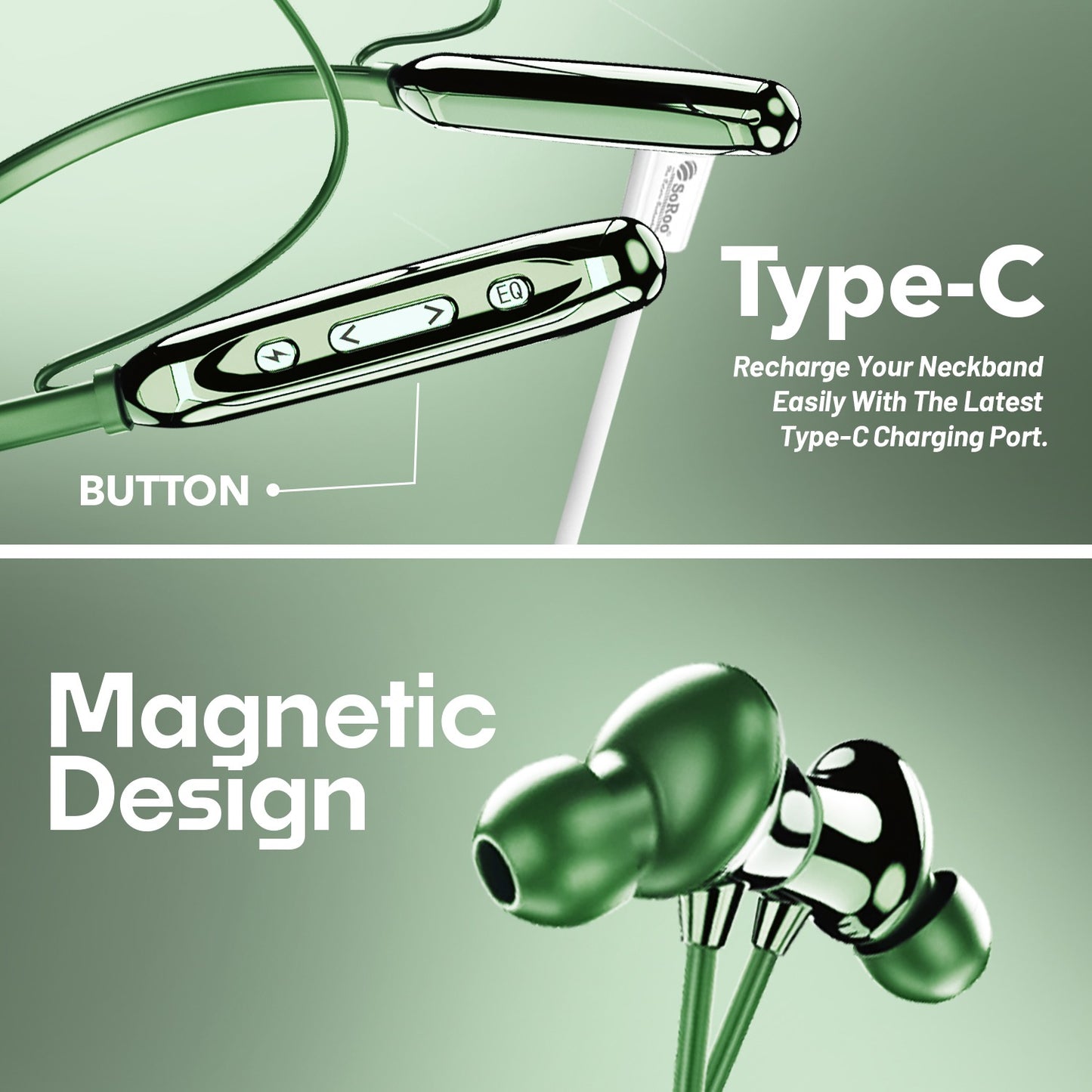 Wireless Neckband Earphones | 100 Hours Playtime, Bluetooth 5.4 & Type-C | Soroo SR-IBAND49 – Black/Green