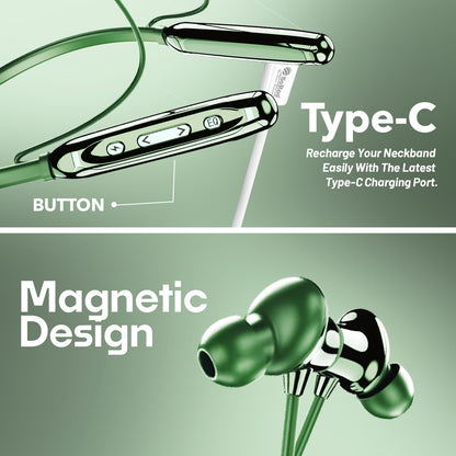 Wireless Neckband Earphones | 100 Hours Playtime, Bluetooth 5.4 & Type-C | Soroo SR-IBAND49 – Black/Green