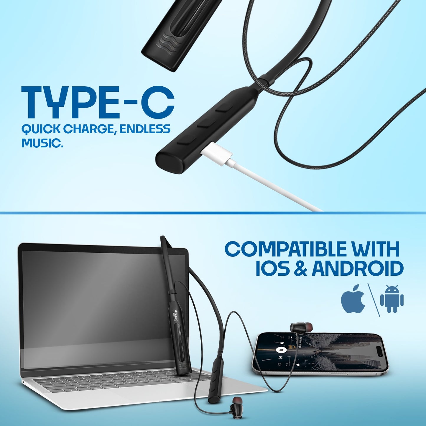 Bluetooth Neckband Earphones Deep Bass ENC Calling Type-C Fast Charging i Neck 91